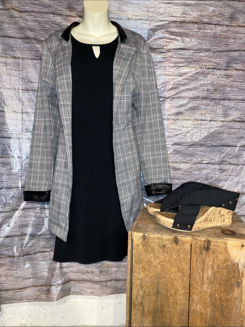 Cato Gray Plaid Open Long Blazer With Faux Leather Trim
